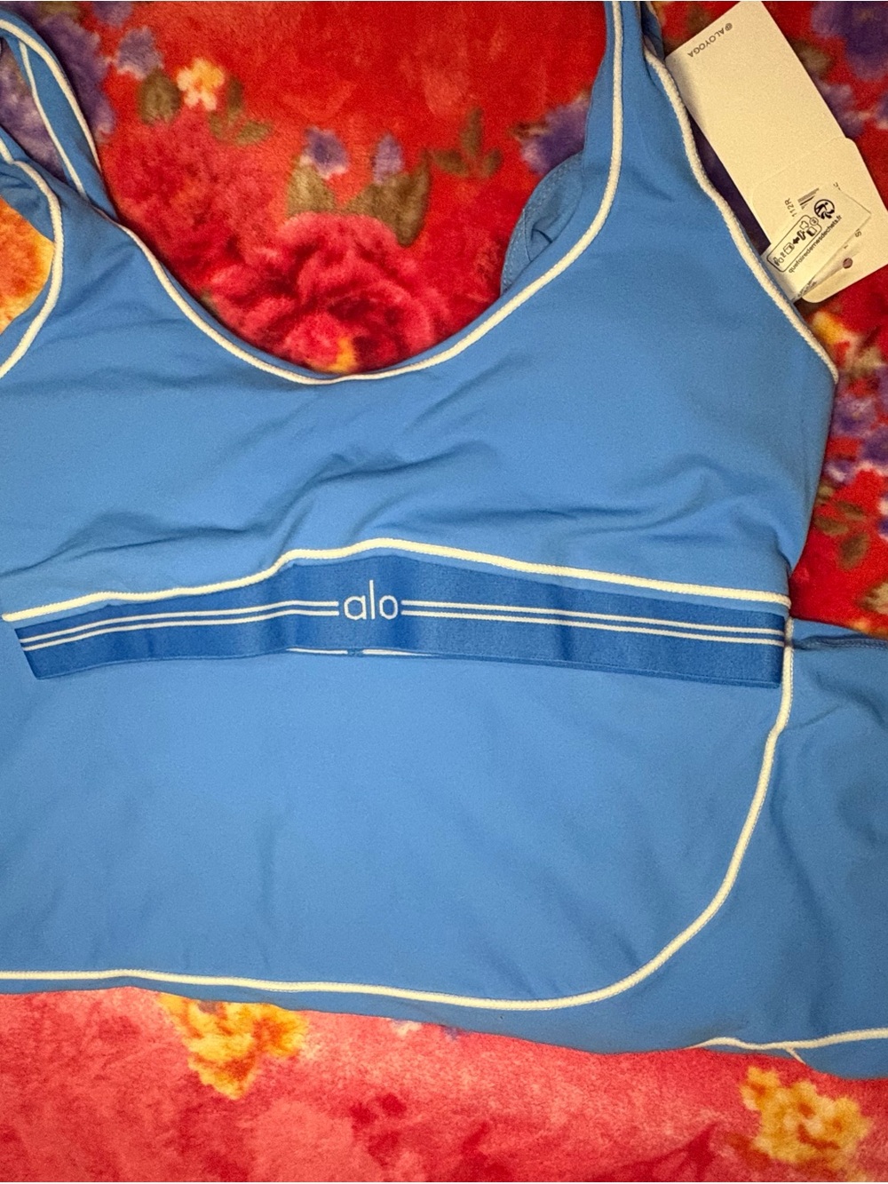 ALO Yoga Blue Scoop One-Piece Swimsuit with White Piping